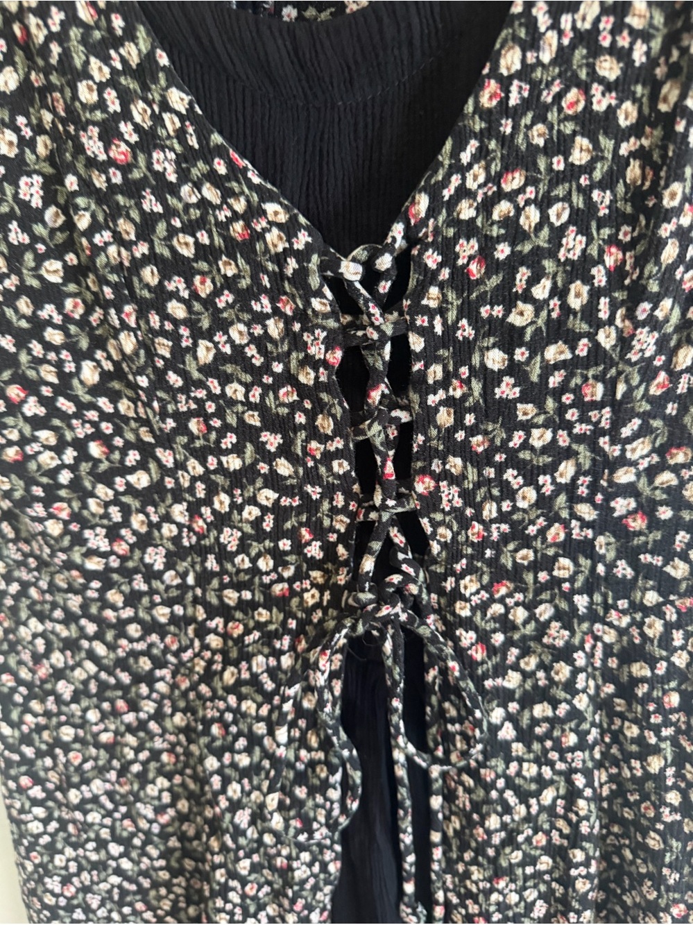 Vintage 90s Y2K Ditsy Floral Lace Up Layered Midi Dress Grunge Cottagecore 7/8